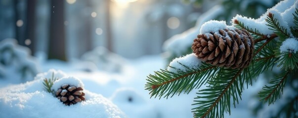 Wall Mural - Pinecones and frosty twigs intertwined in a winter wonderland, forest, nature