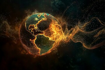 Wall Mural - abstract planet earth with glowing digital threads connecting across borders