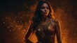 © Marvel’s Nook - A slim woman with deep bronze-toned skin, ember-like glowing dust swirling around her, illuminated with fiery golden highlights, flickering glow, intense yet elegant, cinematic fantasy portrait
