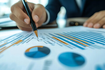 Poster - Businessperson analyzing financial charts and graphs data report pen sales office growth market