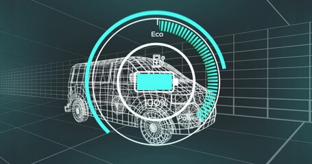 Poster - Wireframe van in animation showing battery level and eco mode on digital display