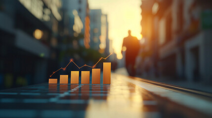 Poster - Golden bar graph shows business growth in city street sunset rise data chart urban market future
