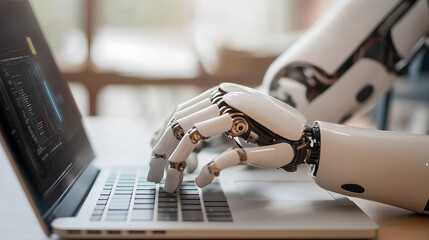 Poster - ai, artificial intelligence, man uses laptop to access artificial intelligence tools for content cre