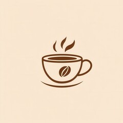 Aufkleber - Elegant minimalist coffee cup logo featuring steam and scattered coffee beans in warm brown and beige tones