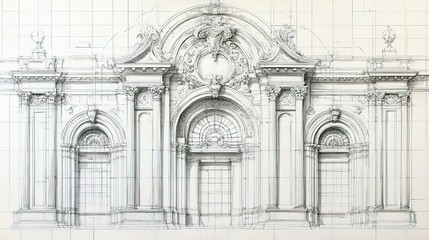 Poster - Detailed Architectural Drawing of Building Front Elevation