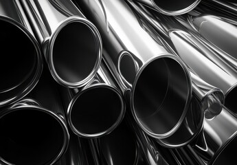 Poster - Shiny Metal Pipes and Tubes in Abstract Arrangement Highlighting Smooth Surfaces and Reflections for Industrial and Artistic Use in Various Projects