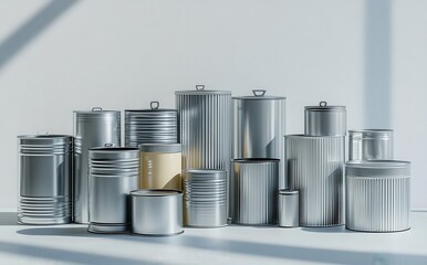 Poster - Silver Metallic Cans Displayed on a Bright Surface with Shadows Creating Intriguing Patterns in a Modern and Minimalist Style