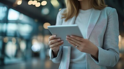 Poster - Businesswoman Analyzing Data on Tablet in Modern Office Environment