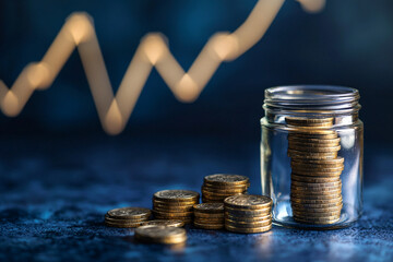 Poster - Financial growth concept showing coins in jar and graph rich money chart stack wealth profit market