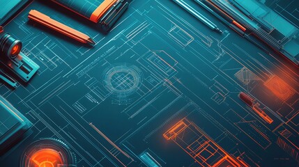 Fototapete - Abstract Architectural Design with Blueprint Lines and Scaled Elements