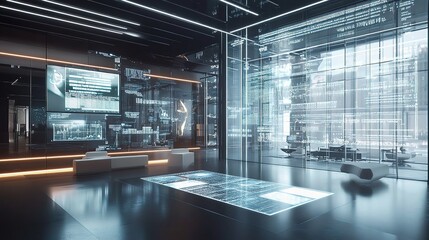 Poster - Futuristic Office Design Featuring Digital Data Interfaces and Lines