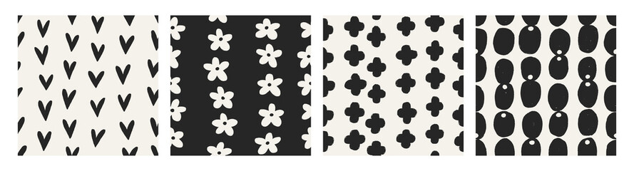 Fototapete - Seamless abstract patterns set. Black and white texture designs with tiny hearts, doodle style flowers, shapes. Modern repeatable print for textile, wallpaper, wrapping paper. Flat vector illustration
