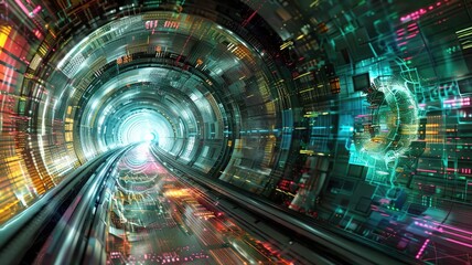 Poster - Enter a vibrant quantum accelerator tunnel, showcasing dynamic motion and luminous technology. This digital artwork captures the essence of futuristic exploration.