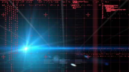 Poster - animation of blue light flare with digital data patterns and red abstract shapes