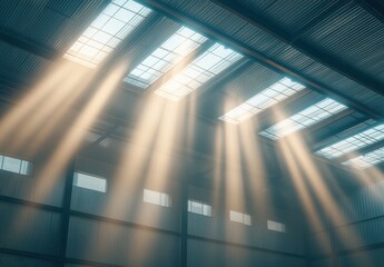 Poster - Soft Sunlight Rays Streaming Through Skylights in Industrial Warehouse with High Ceilings and Steel Beams, Creating a Serene Atmosphere