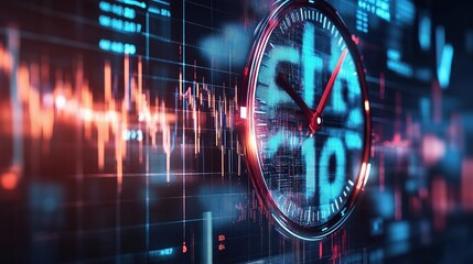 Poster - Digital Clock on High-Tech Background with Business Related Data