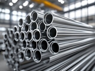 Poster - Stack of Polished Metal Pipes in Industrial Warehouse Setting with Natural Light and Soft Focus Background for Manufacturing and Construction Use