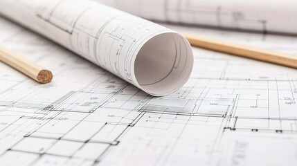 Poster - Close-up of Construction Blueprint with Detailed Lines and Scale