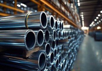 Poster - Stacked metal pipes in a large industrial storage facility with bright lighting and rows of materials ready for manufacturing and construction projects