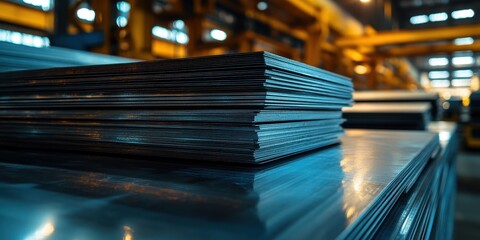 Poster - Stacked Sheets of Metallic Material in Modern Industrial Fabrication Facility with Machinery and Bright Windows Illuminating the Workspace