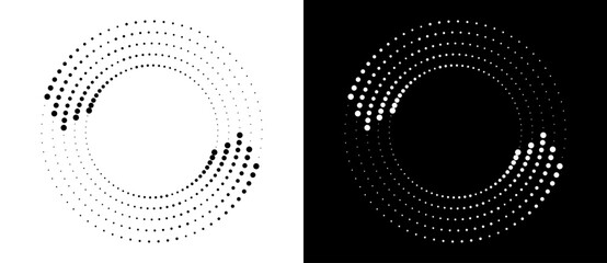 Aufkleber - Circle abstract background with dynamic halftone dots like arrows. Black shape on a white background and the same white shape on the black side.
