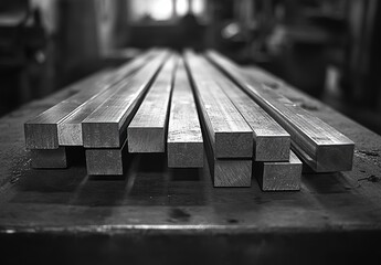 Poster - Stainless steel rods arranged neatly on a workbench in a workshop showcasing craftsmanship and industrial equipment in monochrome style