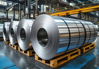 Poster - Steel Coil Storage in Modern Factory with Industrial Equipment, Displaying Large Metallic Rolls on Wooden Pallets for Manufacturing Process