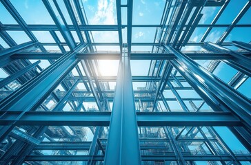 Poster - Stunning Architectural Framework with Glass and Steel Structure, Captured from Below, Showcasing Innovative Design Against Bright Blue Sky
