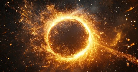 Fototapete - Stunning Golden Energy Burst Creating a Circular Shape with Sparkling Particles and a Dark Background in a Dynamic Visual Display of Light and Motion