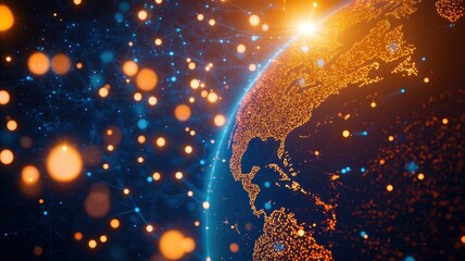 Poster - digital network visualization with glowing icons representing people, connected by intricate, illuminated lines spanning a world map background features a dimly lit global