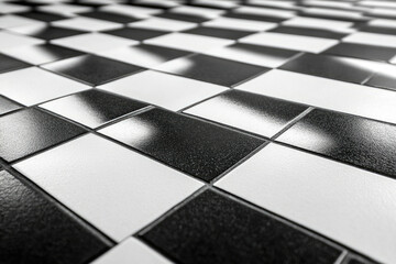 Poster - Black and white checkered tile floor, reflecting light, creating a geometric pattern.