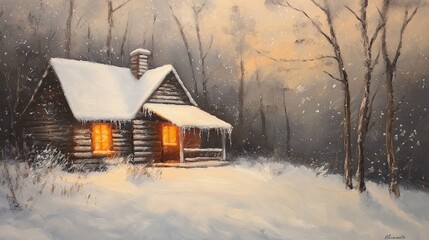 Aufkleber - A cozy cabin in a snowstorm, with warm golden window light