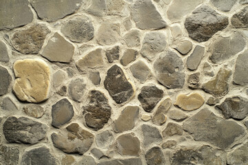 Poster - A close-up view of a rustic stone wall, showcasing various sizes and shades of gray and beige stones.