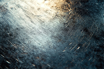 Poster - Close-up of a scratched metallic surface reflecting light, showing texture and wear.