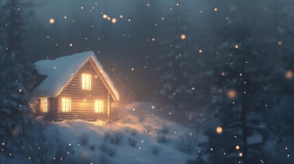 Poster - A cozy cabin in a snowstorm, with warm golden window light