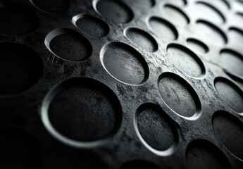 Poster - Textured Black Surface with Circular Patterns, Modern Design, Abstract Art, Close-Up Photography, Unique Background for Various Uses in Creative Projects