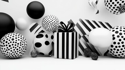 Poster - Black and White Gift Box with Patterned Spheres on White Background