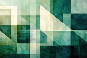 Poster - Abstract geometric art featuring overlapping squares and triangles in shades of green and beige.