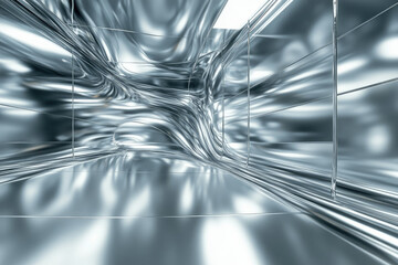 Poster - Abstract rendering of a metallic, fluid-like interior space with reflective surfaces and flowing lines.