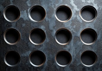 Poster - Textured metallic surface with circular cutouts in a symmetrical arrangement, highlighting industrial design elements and raw materials for creative projects