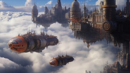 Poster - A floating city above the clouds, with steampunk airships and gears