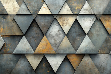 Poster - Geometric pattern of textured metallic triangles in shades of gray, beige, and gold.