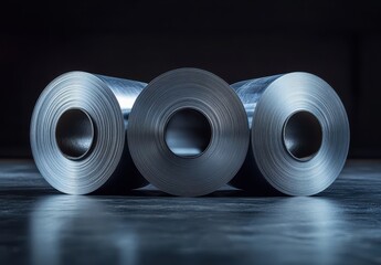 Poster - Three Rolls of Metallic Steel Sheets on Dark Background Showcasing Industrial Aesthetics and Textures in a Well-Lit Workshop Environment