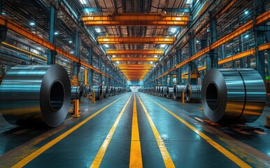 Poster - Vast Industrial Warehouse Interior with Steel Coils and Illuminated Aisles in Modern Manufacturing Facility