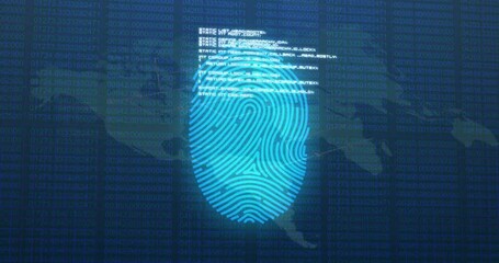 Poster - Scanning fingerprint with digital data and animation overlaying world map