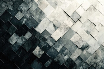 Poster - Abstract grayscale artwork featuring a diagonal pattern of textured, square tiles, creating a visually dynamic composition.
