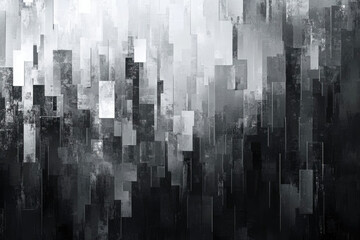 Poster - Abstract grayscale cityscape depicted with textured rectangular blocks, creating a modern, urban feel.