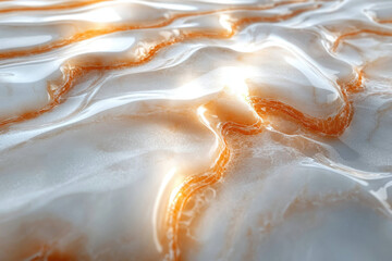 Aufkleber - Abstract image of flowing, glossy white and orange liquid with a wavy texture, illuminated from above.