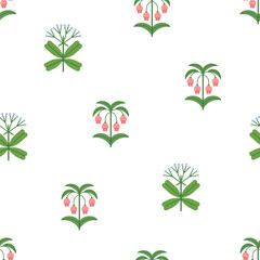 Poster - Seamless floral pattern. Spring flower branches, repeating botanical print, nature texture for wallpaper, textile design. Endless background with plants, wildflowers. Colored flat vector illustration