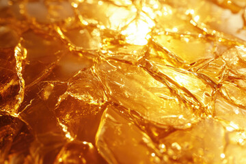 Poster - Close-up of amber-colored, fractured, translucent material resembling broken glass or ice.